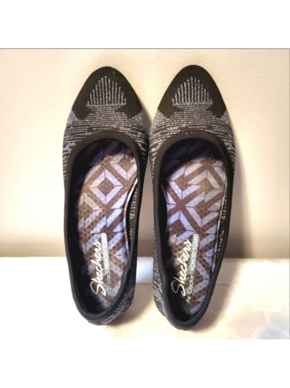 Skechers Cleo Wham Woven Stretch Knit Black Silver Slip On Ballet Flats Size 8